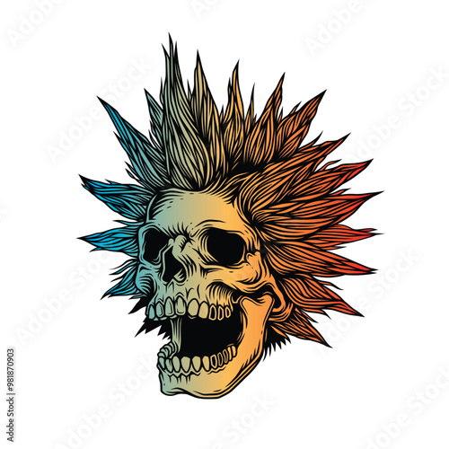 A skull with an open mouth and a punk rock hairstyle. T-shirt design, stickers, print.