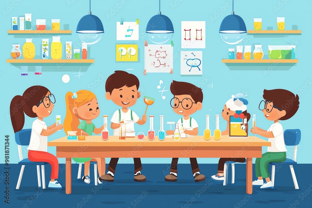 Group of Children Conducting Science Experiments in Classroom – An Engaging Illustration Highlighting Learning, Teamwork, and Curiosity in Science Education Group of Children Conducting Science Experiments in Classroom – An Engaging Illustration Highlighting Learning, Teamwork, and Curiosity in Science Education