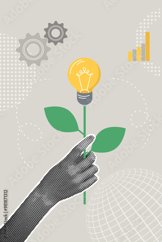 Modern halftone collage. Concept of the idea, present the idea, collect, business plan. Business creative illustration for web banner, marketing material, business presentation.