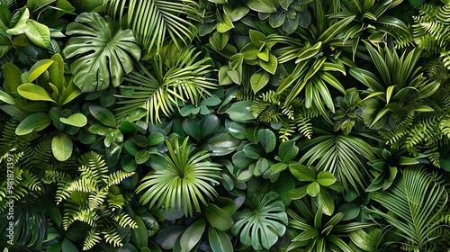 A lush expanse of green leaves forming a tropical background, capturing the essence of a vibrant jungle environment