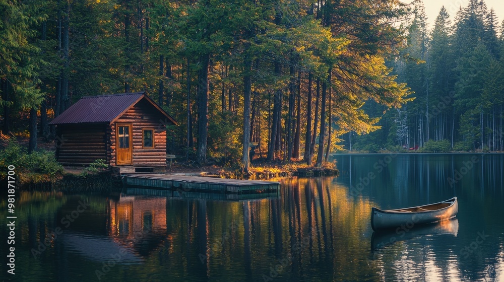 Fototapeta premium Serene Lakeside Retreat in Autumnal Forest Wonderland