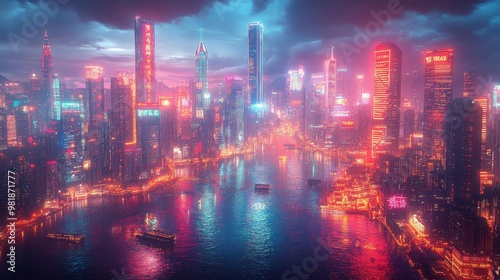 Illuminated Cityscape with Neon Lights and Reflections on Water Generative AI