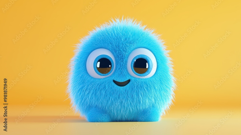 Cute Blue Furry Monster Character with Big Eyes on Yellow Background Cute Blue Furry Monster Character with Big Eyes on Yellow Background