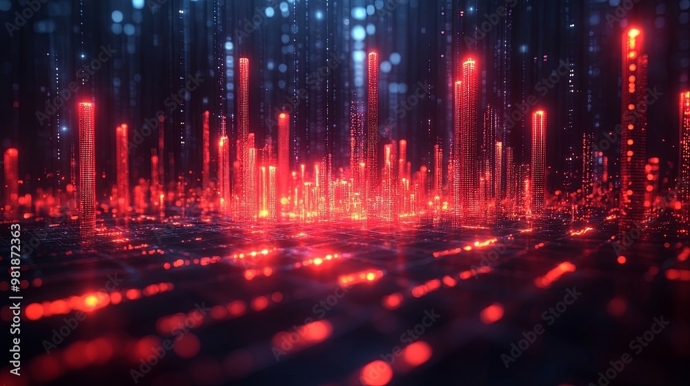 A Digital Cityscape Illuminated by Red Lights, Representing a World of Data and Technology A Digital Cityscape Illuminated by Red Lights, Representing a World of Data and Technology