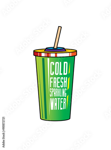 Fast food plastic cup with straw. Hot or cold drink. Original vector illustration in vintage style.