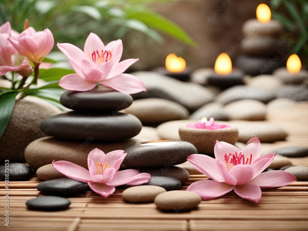 Lily and spa stones in zen garden. Stack of spa massage stones with pink flowers on wellness background. Lily and spa stones in zen garden. Stack of spa massage stones with pink flowers on wellness background.