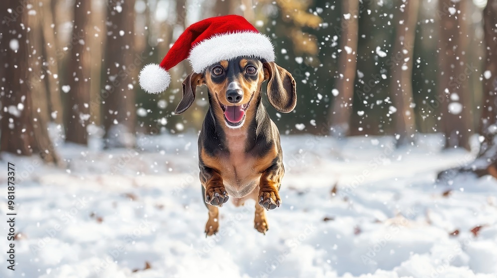 Dachshund Dog Wearing Santa Hat Jumping In Snow