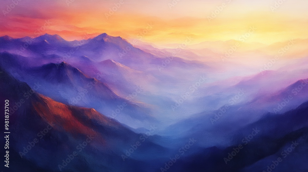 A Painted Landscape of Mountains and Fog at Sunset A Painted Landscape of Mountains and Fog at Sunset