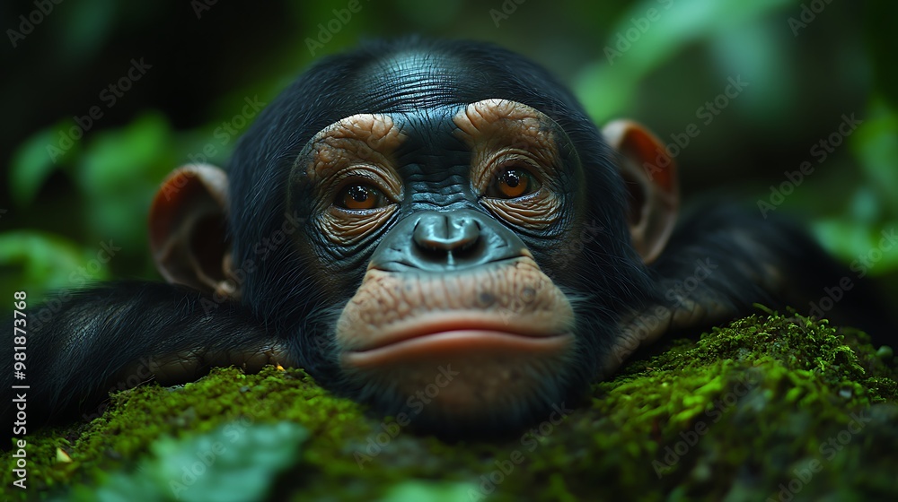 A young chimpanzee rests its head on mossy ground in a lush green forest, its large brown eyes looking directly at the camera. A young chimpanzee rests its head on mossy ground in a lush green forest, its large brown eyes looking directly at the camera.