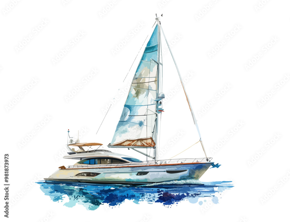 Watercolor illustration of a luxury sailboat with blue sail on calm sea Watercolor illustration of a luxury sailboat with blue sail on calm sea