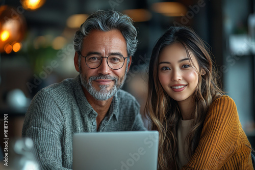 A man and a woman smile at the camera while sitting with a laptop in a cafe.