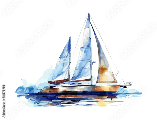 Watercolor painting of sailboat on ocean with blue and white sails and reflection in water. Nautical art, seafaring, adventure, marine life.