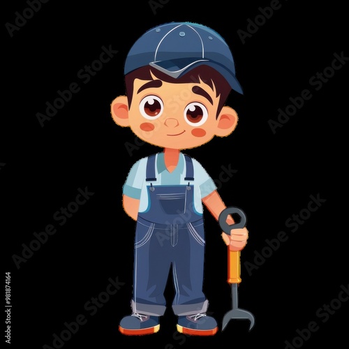 Child in blue overalls with a gardening tool indoors