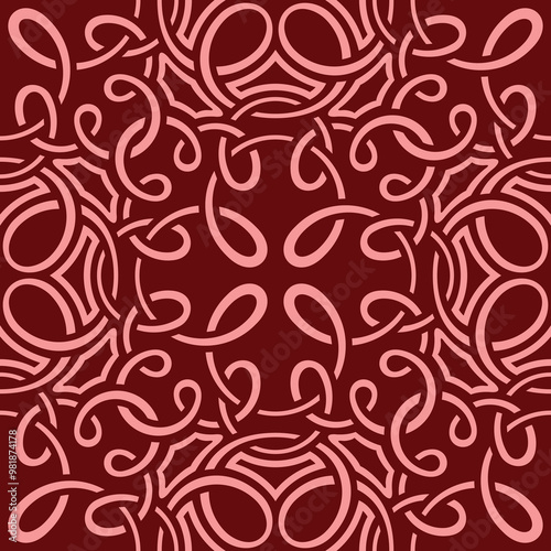 Wallpaper Mural A symmetrical pattern featuring intertwining lines and shapes in a rich maroon background, ideal for graphic design or textile use. Torontodigital.ca