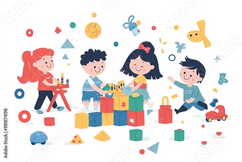 Happy Children Playing with Colorful Building Blocks – A Cheerful Illustration of Creativity, Fun, and Early Childhood Development in a Playful Environment