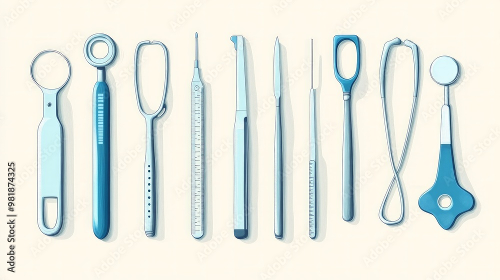 A set of surgical instruments, illustrated with a clean, professional style on a light, minimal background, with soft shadows. A set of surgical instruments, illustrated with a clean, professional style on a light, minimal background, with soft shadows.