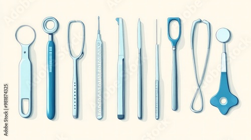 A set of surgical instruments, illustrated with a clean, professional style on a light, minimal background, with soft shadows.