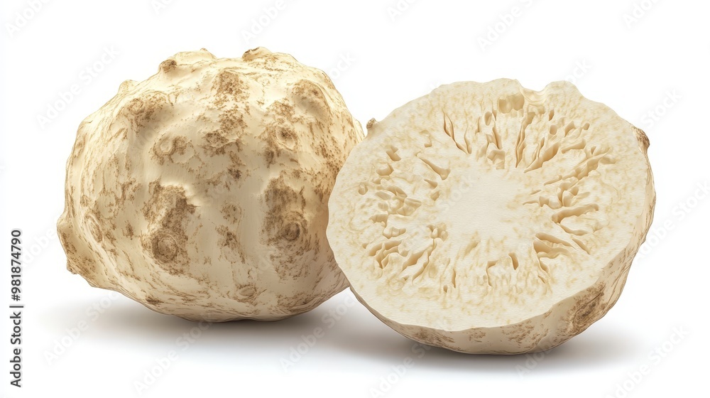 Fresh Organic Celery Root Whole and Sliced Isolated on White Background Fresh Organic Celery Root Whole and Sliced Isolated on White Background