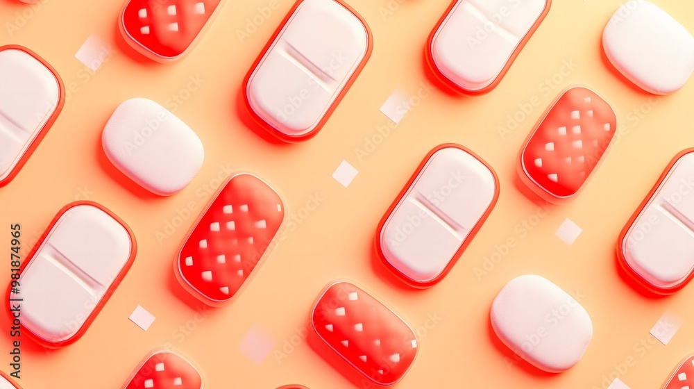 Defibrillator pads illustrated in vibrant reds and whites, placed on a soft gradient background with light healthcare-related patterns. Defibrillator pads illustrated in vibrant reds and whites, placed on a soft gradient background with light healthcare-related patterns.