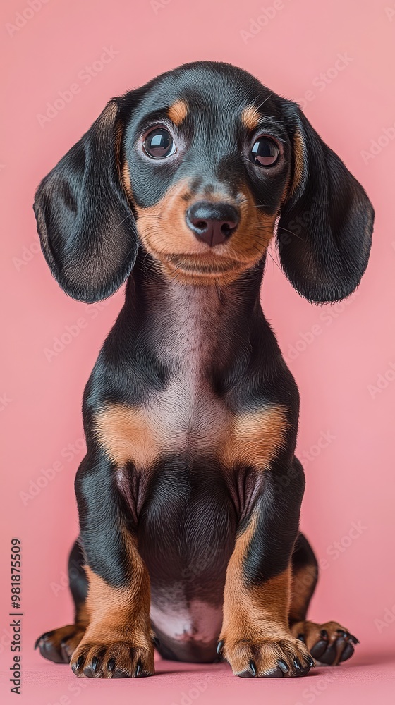Dachshund Pup's Portrait: A charming Dachshund puppy, its expressive eyes and floppy ears captivating, sits poised against a vibrant backdrop, showcasing the breed's endearing qualities. Dachshund Pup's Portrait: A charming Dachshund puppy, its expressive eyes and floppy ears captivating, sits poised against a vibrant backdrop, showcasing the breed's endearing qualities.