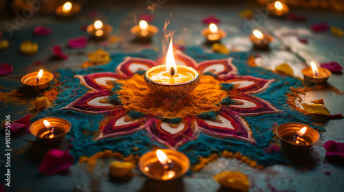 Rangoli Design: Central rangoli pattern made of bright, colorful powders, surrounded by lit diyas and flower petals, capturing the essence of the festival photo