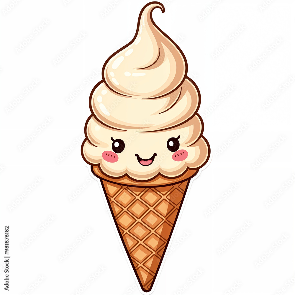 A fun cartoon drawing of vanilla ice cream in a waffle cone