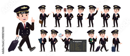 Airline pilot with different poses. vector