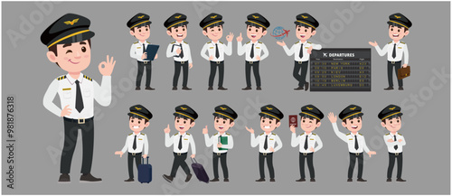 Airline pilot with different poses. vector