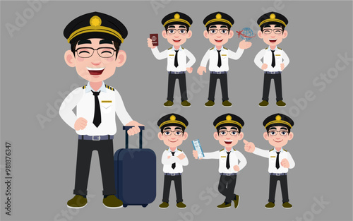 Airline pilot with different poses. vector