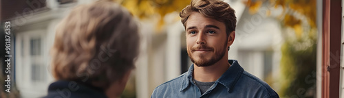 Candid Medium Shot of Politician Persuading Voter at Doorstep: Grassroots Campaigning Highlight with Neighborhood Context in Photo Stock