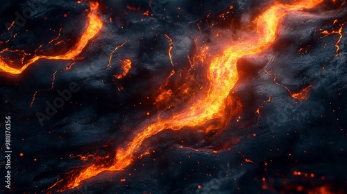 Molten Lava Flowing Through Cracked Dark Surface