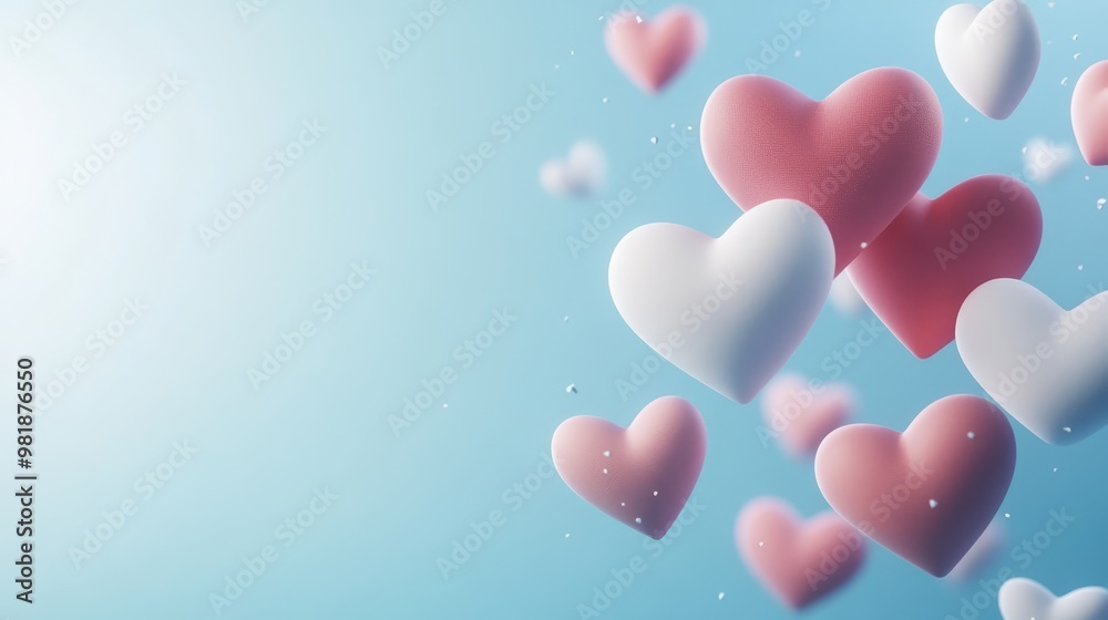 Pink and White Hearts Floating on Blue Background Pink and White Hearts Floating on Blue Background