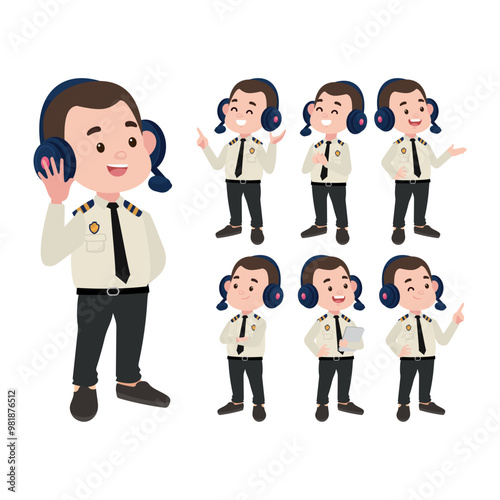 Airline pilot with different poses. vector