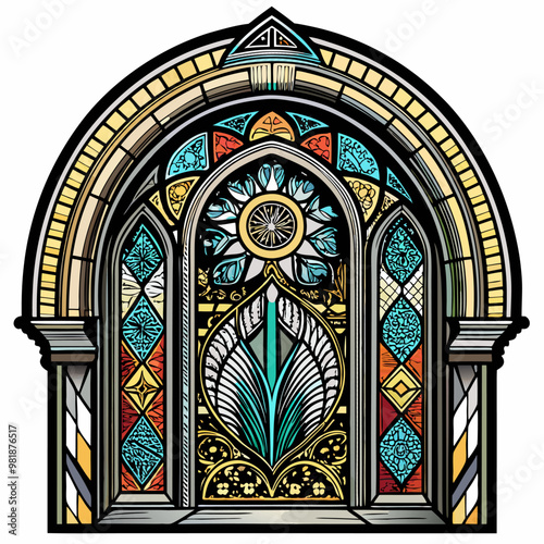Colorful Stained Glass Window with Intricate Geometric Patterns and Floral Designs