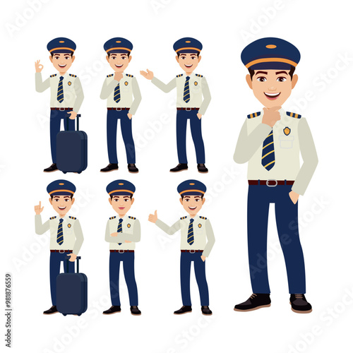 Airline pilot with different poses. vector
