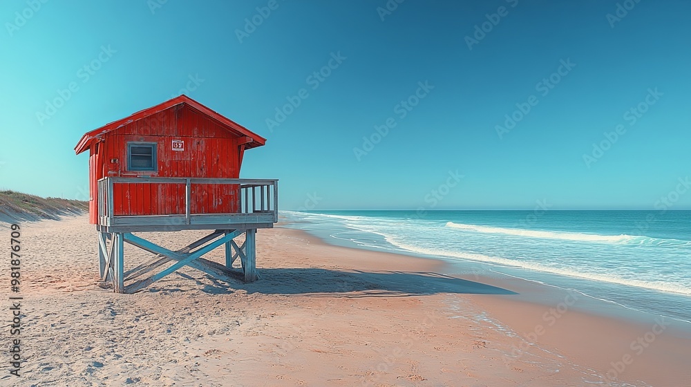 A solitary red lifeguard stand stands tall on stilts against a backdrop of a calm blue ocean and a vast sandy beach A solitary red lifeguard stand stands tall on stilts against a backdrop of a calm blue ocean and a vast sandy beach