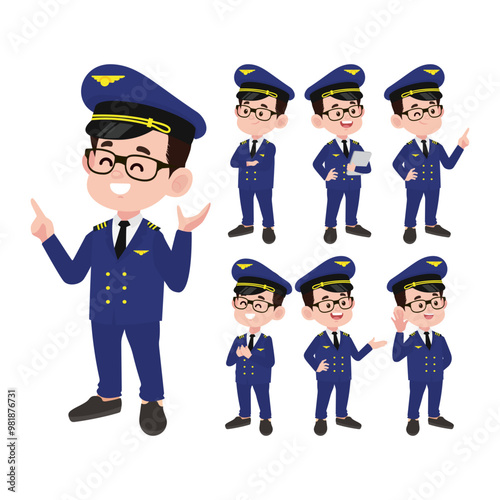 Airline pilot with different poses. vector