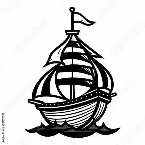 Stylized Black and White Sailboat Illustration with Waves