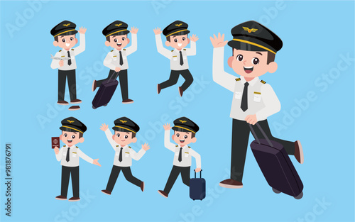 Airline pilot with different poses. vector