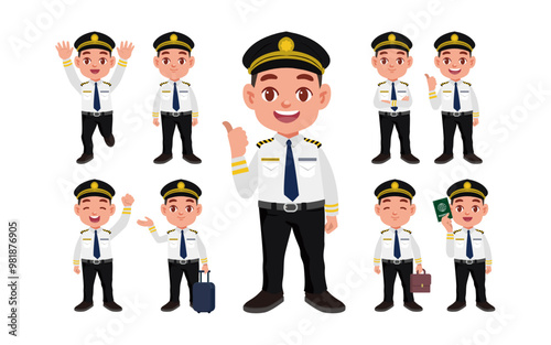 Airline pilot with different poses. vector