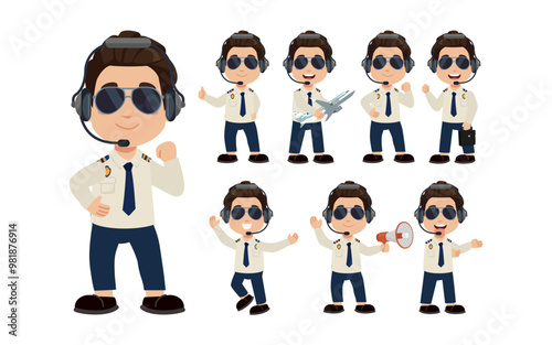 Airline pilot with different poses. vector