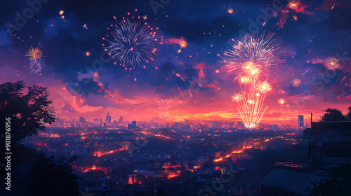 Diwali Fireworks Sky: A night sky filled with colorful fireworks, lighting up a city skyline with diyas flickering on balconies, Diwali