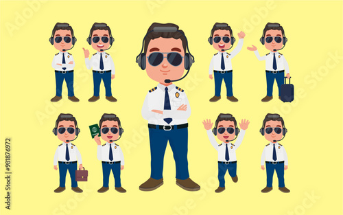 Airline pilot with different poses. vector
