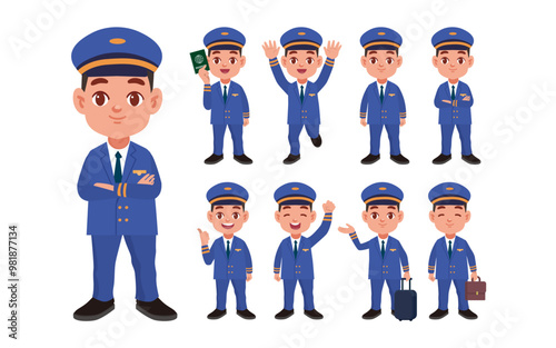 Airline pilot with different poses. vector