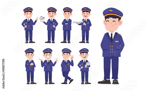 Airline pilot with different poses. vector