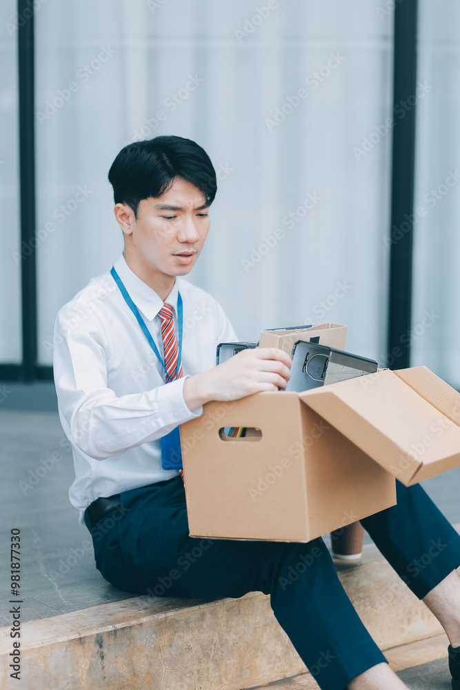 Sadness depressed Businessman with box cardboard packing personal items after losing jobs. Failure businessman sitting at stair front of building. Your fired Unemployed Jobless People Crisis Sadness depressed Businessman with box cardboard packing personal items after losing jobs. Failure businessman sitting at stair front of building. Your fired Unemployed Jobless People Crisis