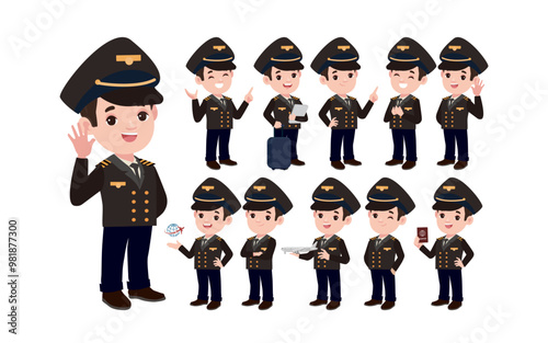 Airline pilot with different poses. vector