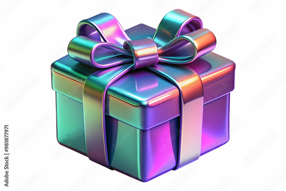 Obraz premium Holographic Holiday Gift Box with Shiny Ribbon - Capturing the Joy of Giving for New Year 2025 in Vibrant Colors Against a White Background