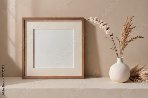 Square frame mockup leaning against light brown wall, mockup frame design, frame mockup