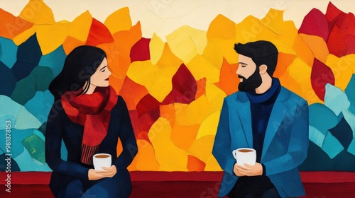 A cozy autumn scene featuring a couple enjoying coffee amidst vibrant fall foliage, radiating warmth and connection.